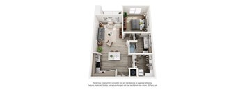 A 3D floor plan of a small apartment with a kitchen, living room, bedroom, and bathroom.