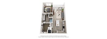 A 3D floor plan of a small apartment with a kitchen, living room, and bathroom.