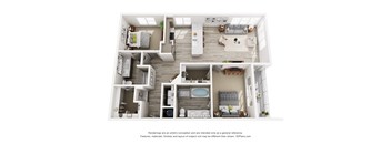 A 3D floor plan of a house with multiple rooms and furniture.
