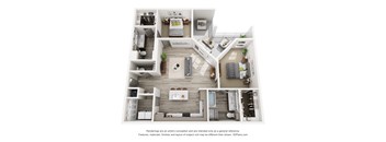 A 3D floor plan of a house with multiple rooms and furniture.