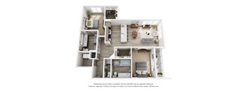 A 3D floor plan of a house with a kitchen, living room, and bedrooms.