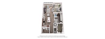 A 3D floor plan of a small apartment with a kitchen, living room, and bathroom.