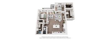 A 3D floor plan of a house with a kitchen, living room, and bathroom.