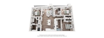 A 3D floor plan of a house with multiple rooms and furniture.