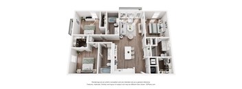 A 3D floor plan of a small apartment with a kitchen, living room, and bathroom.