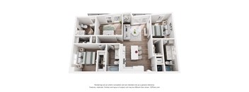 A 3D floor plan of a small apartment with a kitchen, living room, and two bedrooms.