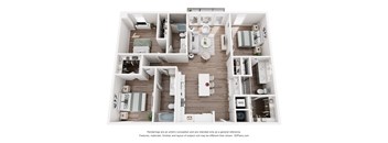 A 3D floor plan of a house with a kitchen, living room, and bathrooms.