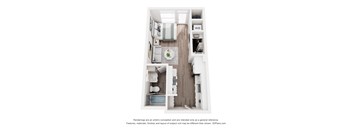A 3D floor plan of a small apartment with a kitchen, living room, and two bedrooms.