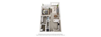 A 3D floor plan of a small apartment with a kitchen, living room, and bedroom.