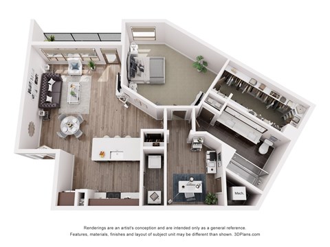 A 3D floor plan of a small apartment with a kitchen, living room, and bedroom.