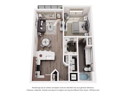 A 3D floor plan of a small apartment with a kitchen, living room, and bathroom.