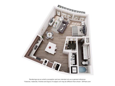 A 3D floor plan of a small apartment with a kitchen, living room, and bedroom.