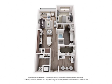 A 3D floor plan of a small apartment with a kitchen, living room, and bathroom.