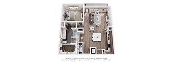 A 3D floor plan of a small apartment with a kitchen, living room, and bathroom.