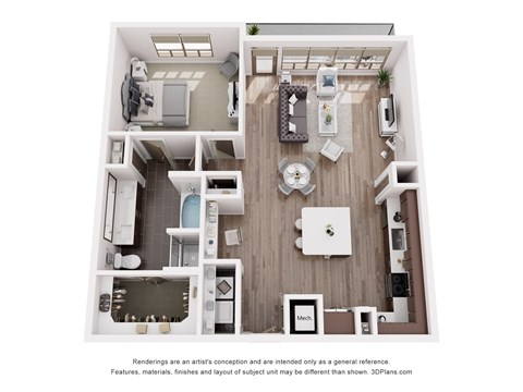 A 3D floor plan of a small apartment with a kitchen, living room, and bathroom.