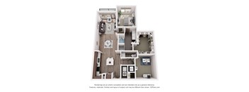A 3D floor plan of a house with a kitchen, living room, and bathrooms.
