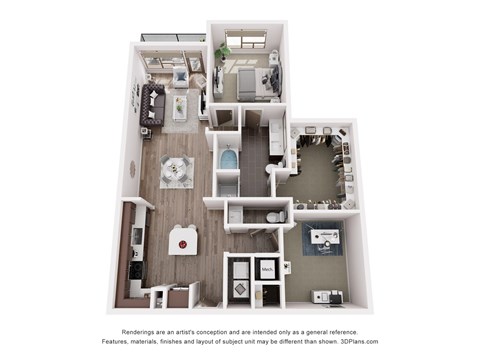 A 3D floor plan of a house with a kitchen, living room, and bathrooms.