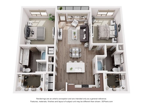 A 3D floor plan of a house with a kitchen, living room, and two bedrooms.