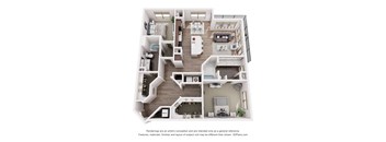 A 3D floor plan of a house with a kitchen, living room, and two bedrooms.