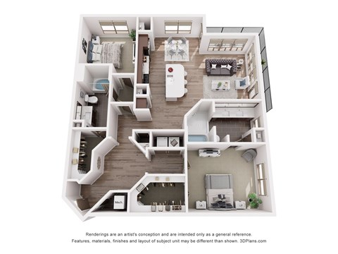 A 3D floor plan of a house with a kitchen, living room, and two bedrooms.
