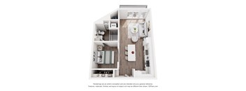 A 3D floor plan of a small apartment with a kitchen, living room, and bathroom.