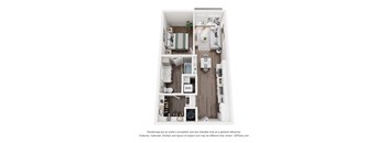 A 3D floor plan of a small apartment with a kitchen, living room, and bathroom.