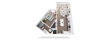 A 3D floor plan of a small apartment with a kitchen, living room, and bathroom.