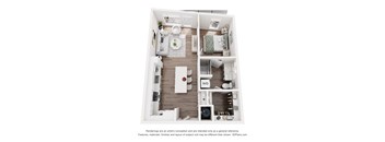 A 3D floor plan of a small apartment with a kitchen, living room, and bedroom.