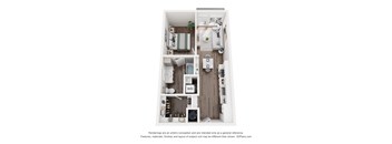 A 3D floor plan of a small apartment with a kitchen, living room, and bathroom.