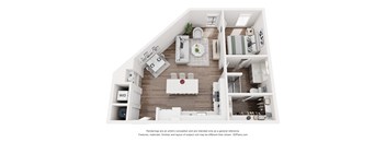 A 3D rendering of a modern, minimalist kitchen and living room.