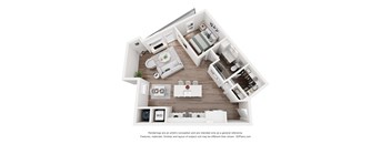 A 3D floor plan of a house with a kitchen, living room, and bathroom.