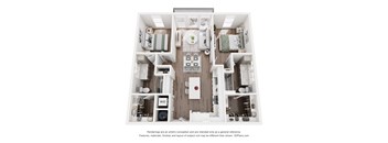 A 3D floor plan of a house with a kitchen, living room, and two bedrooms.
