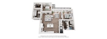 A 3D floor plan of a house with a kitchen, living room, and bedrooms.