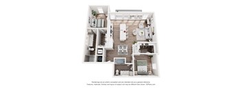 A floor plan of a small apartment with a kitchen, living room, and two bedrooms.