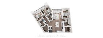 A 3D floor plan of a house with a kitchen, living room, and two bedrooms.