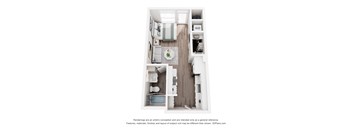 A 3D floor plan of a small apartment with a kitchen, living room, and bedroom.