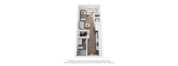 A 3D floor plan of a small apartment with a kitchen area and a bathroom.