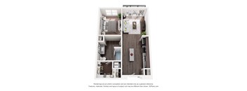 A 3D floor plan of a small apartment with a living room, kitchen, and bathroom.