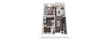 A 3D floor plan of a small apartment with a kitchen, living room, and bathroom.