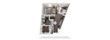 A 3D floor plan of a small apartment with a living room, kitchen, and bedroom.