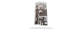 A 3D floor plan of a small apartment with a kitchen, living room, and bathroom.