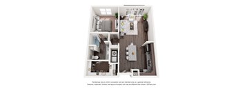 A 3D floor plan of a small apartment with a kitchen, living room, and bathroom.