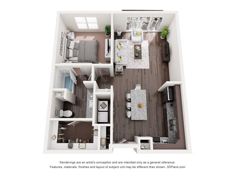 A 3D floor plan of a small apartment with a kitchen, living room, and bathroom.