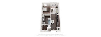 A 3D floor plan of a small apartment with a kitchen, living room, and bathroom.