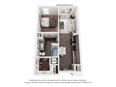 A 3D floor plan of a small apartment with a kitchen, living room, and bathroom.