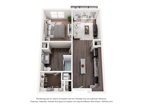 A 3D floor plan of a small apartment with a kitchen, living room, and bathroom.