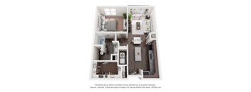 A 3D floor plan of a small apartment with a kitchen, living room, and bathroom.
