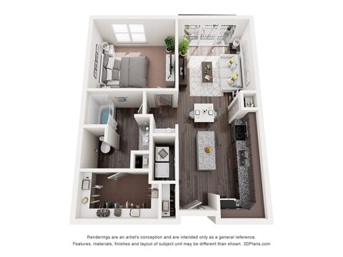 A 3D floor plan of a small apartment with a kitchen, living room, and bathroom.