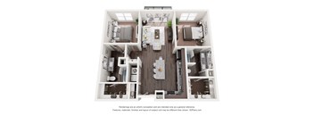 A 3D floor plan of a house with a kitchen, living room, and two bedrooms.