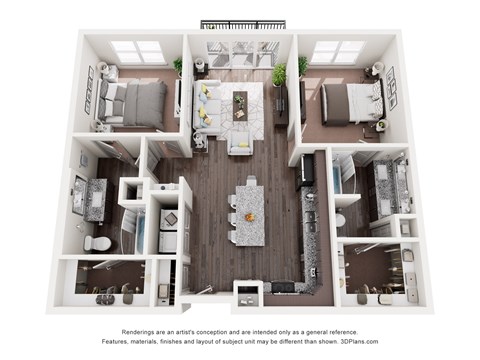 A 3D floor plan of a house with a kitchen, living room, and two bedrooms.